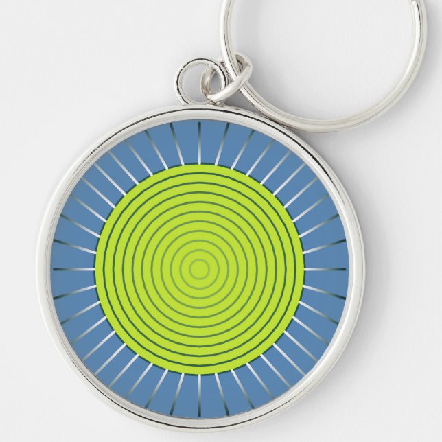 Modern Geometric Sunburst - Lime and Denim Blue Key Ring (Front)