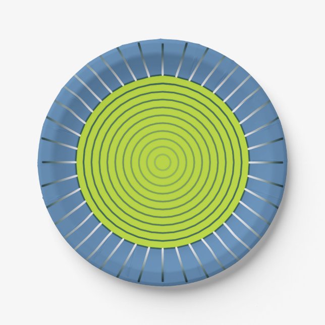 Modern Geometric Sunburst - Lime and Denim Blue Paper Plate (Front)