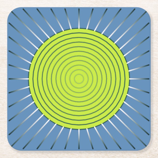 Modern Geometric Sunburst - Lime and Denim Blue Square Paper Coaster (Front)