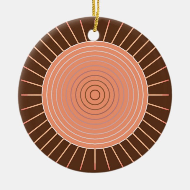 Modern Geometric Sunburst - Peach and Brown Ceramic Tree Decoration (Front)