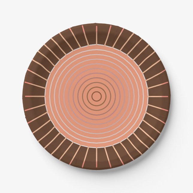 Modern Geometric Sunburst - Peach and Brown Paper Plate (Front)