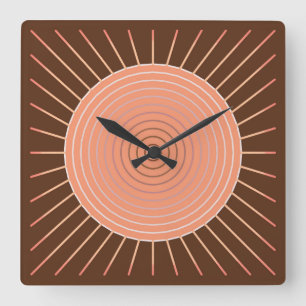 Modern Geometric Sunburst - Peach and Brown Square Wall Clock