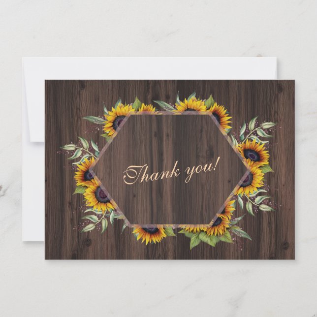 Modern Geometric Sunflowers Wood Wedding Thank You Card (Front)