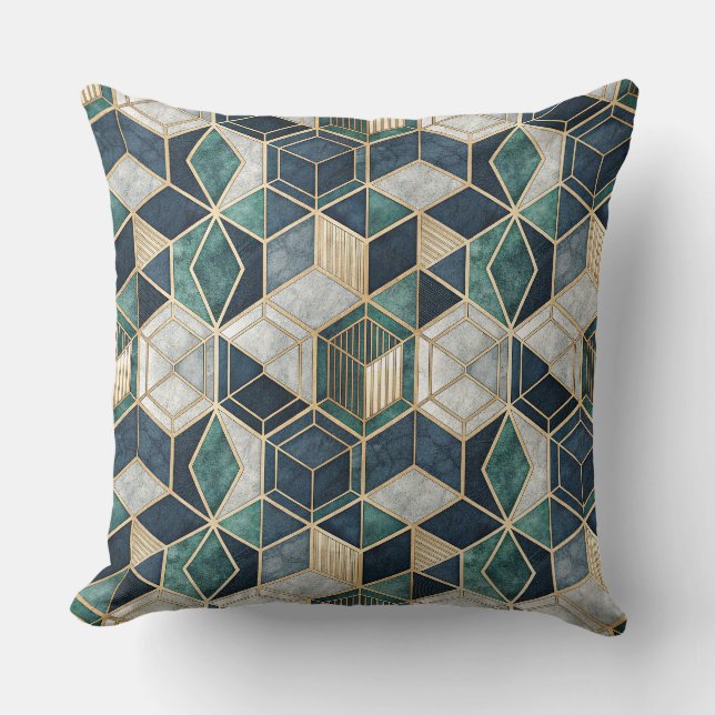 Modern Geometric Teal & Gold Abstract Pattern Cushion (Front)