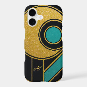 Modern Geometric Teal Yellow Gold Accents Monogram