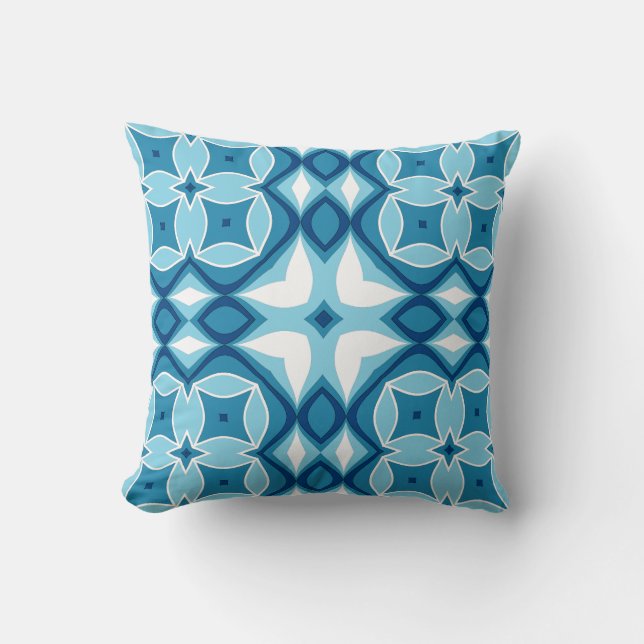 Modern Geometric Tile Pattern Denim Blue & White  Cushion (Front)