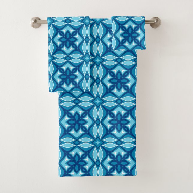 Modern Geometric Tile Pattern Shades of Denim Blue Bath Towel Set (Insitu)