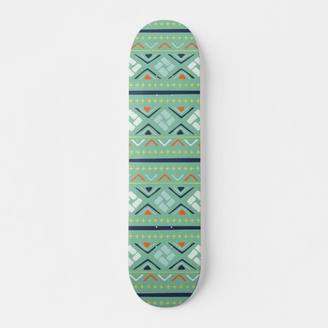 Modern Geometric Tribal Green Blue Pattern Skateboard (Front)