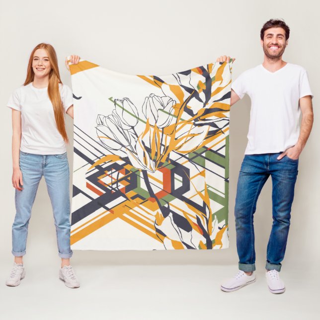 Modern Geometric Tulip Line Art Pattern (2) Fleece Blanket (In Situ)