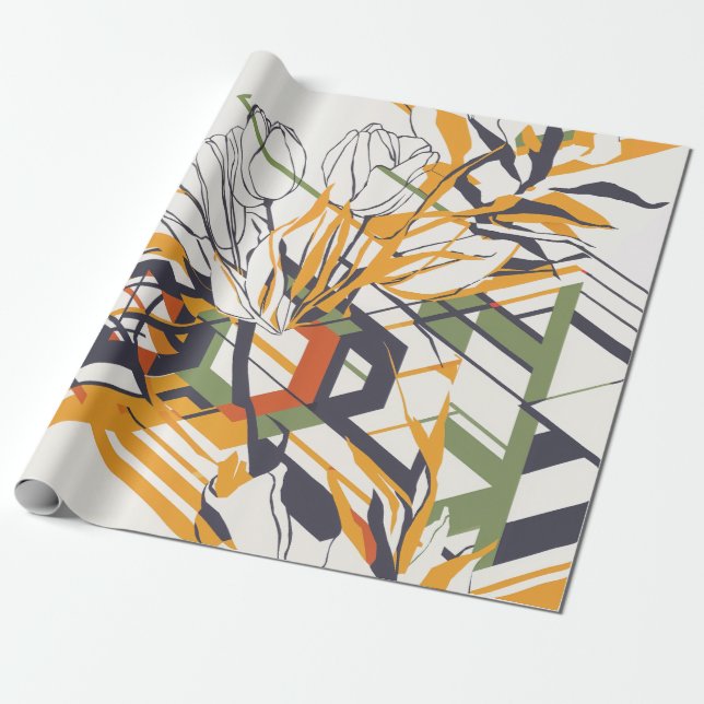 Modern Geometric Tulip Line Art Pattern (2) Wrapping Paper (Unrolled)