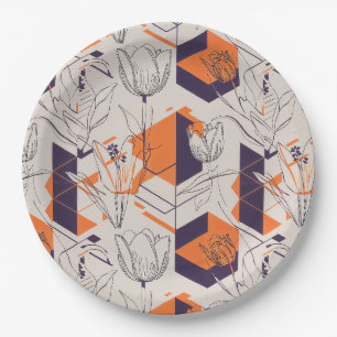 Modern Geometric Tulip Line Art Pattern (5) Paper Plate