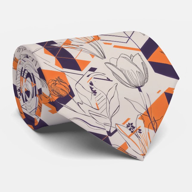 Modern Geometric Tulip Line Art Pattern (5) Tie (Rolled)