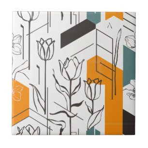 Modern Geometric Tulip Line Art Pattern Tile