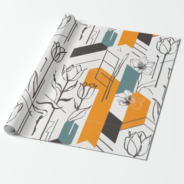 Modern Geometric Tulip Line Art Pattern Wrapping Paper (Unrolled)