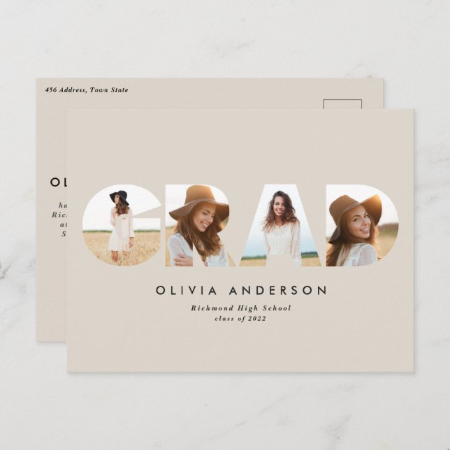 Modern geometric typography 4 photo graduation postcard (Front/Back)