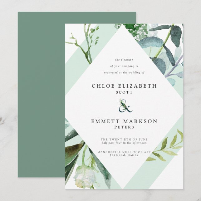 Modern Geometric Watercolor Botanical Wedding Invitation (Front/Back)
