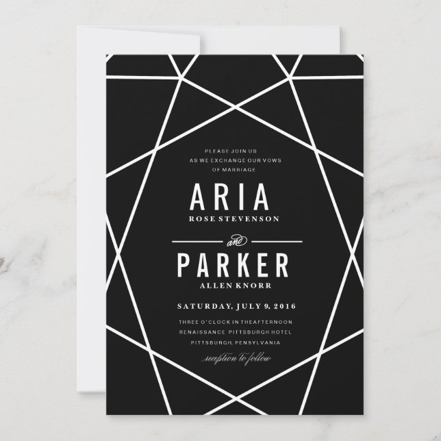 Modern Geometric Wedding Invitation on Black (Front)