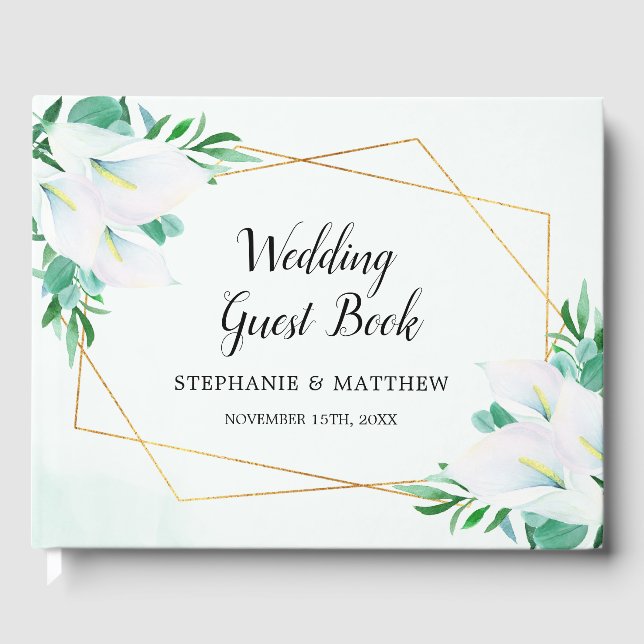 Modern Geometric White Calla Lily Floral Wedding Guest Book (Front)