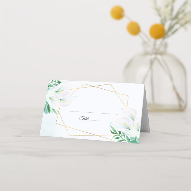 Modern Geometric White Calla Lily Floral Wedding Place Card (Front)