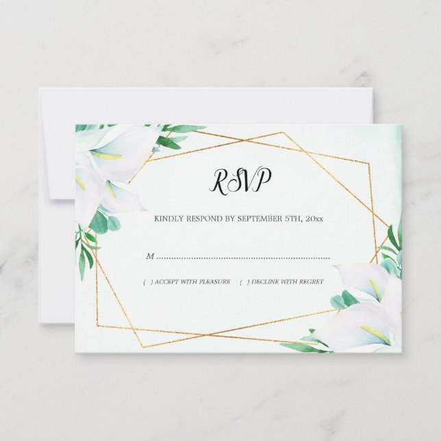 Modern Geometric White Calla Lily Floral Wedding RSVP Card (Front)