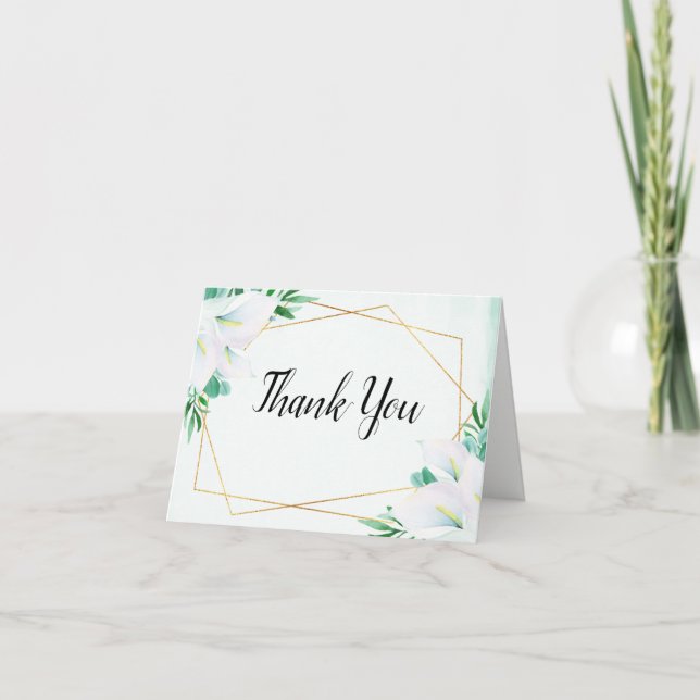 Modern Geometric White Calla Lily Floral Wedding Thank You Card (Front)