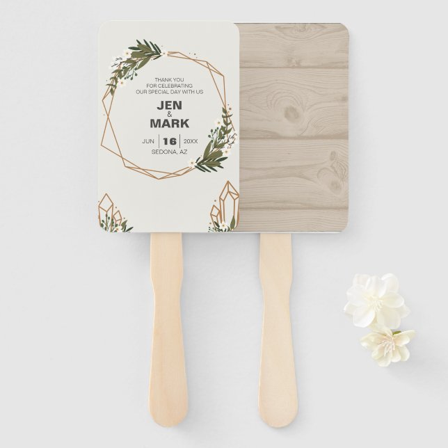 Modern Geometric Woodsy Wreath Wedding Invitation. Hand Fan (Front and Back)