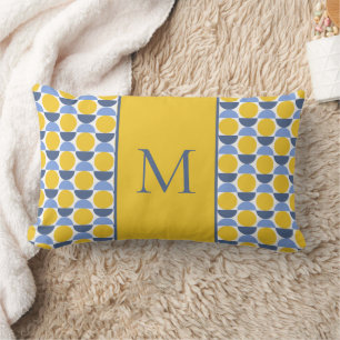 Modern Geometric Yellow and Blue Circles Monogram Lumbar Cushion