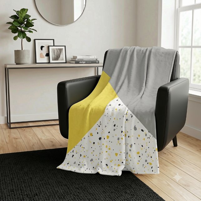 Modern Geometric Yellow Grey Terrazzo Pattern Fleece Blanket (Creator Uploaded)