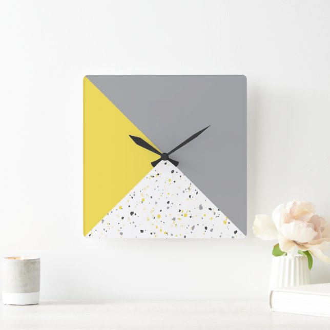 Modern Geometric Yellow Grey Terrazzo Pattern Square Wall Clock (Home)