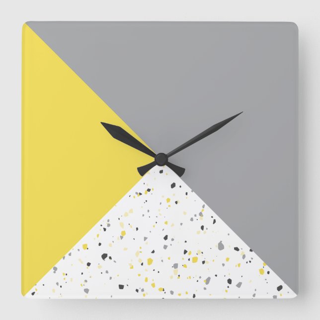 Modern Geometric Yellow Grey Terrazzo Pattern Square Wall Clock (Front)
