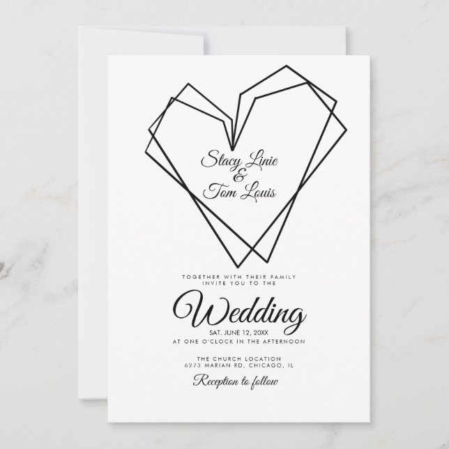 Modern Geometrical Double Hearts Black Wedding Invitation (Front)