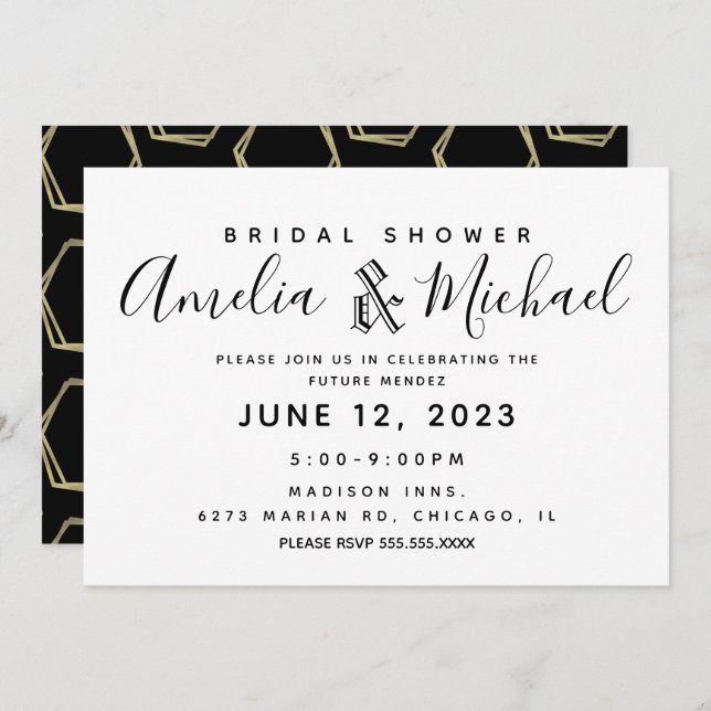 Modern Geometrical Gold and Black Bridal Shower Invitation (Front/Back)