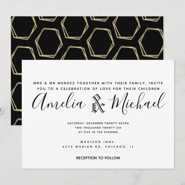 Modern Geometrical Gold and Black Simple Wedding Invitation (Front/Back)