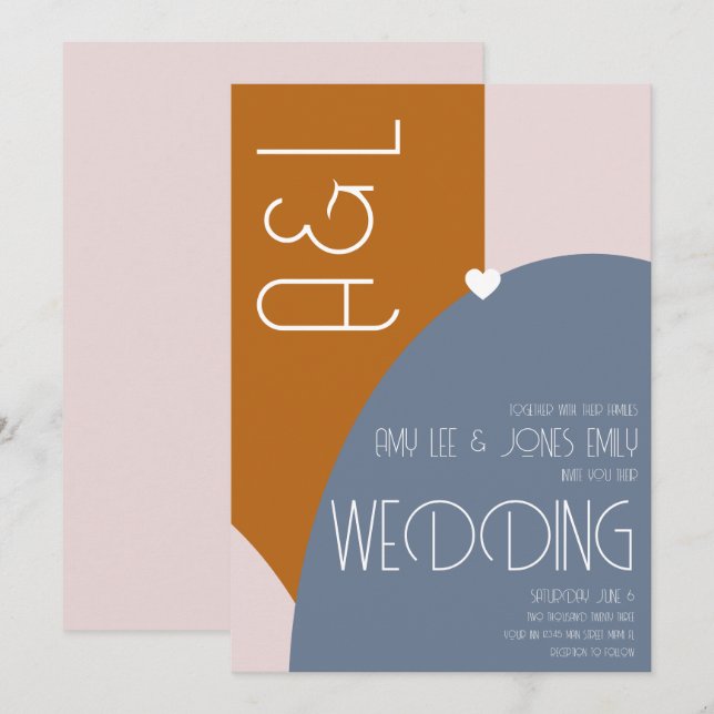 Modern Geometrics Terracotta Pink Blue Wedding Invitation (Front/Back)