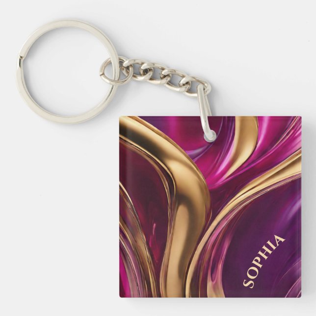 Modern Gift for Her- Fuchsia Purple and Gold- Key Ring (Front)