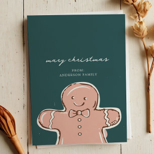 Modern Ginger BreadMan Metal Green Mery Christmas Holiday Card