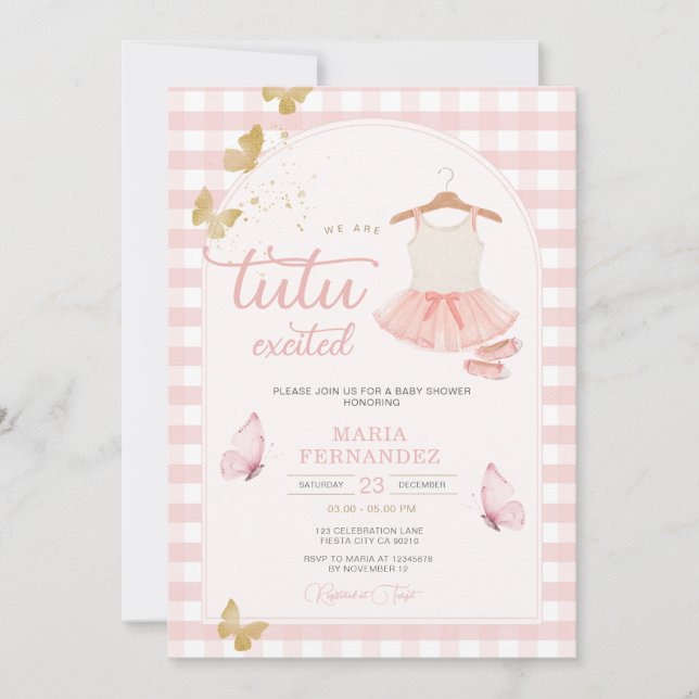 Modern Gingham Butterfly Pink Tutu Ballerina  Invitation (Front)