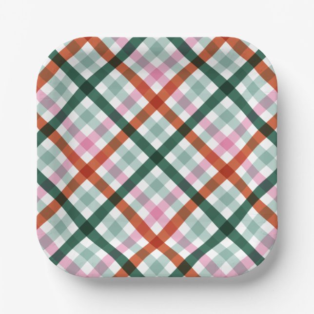 Modern Gingham Christmas Pattern Paper Plate (Front)
