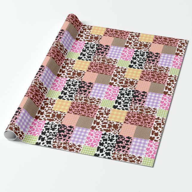 Modern Gingham Cowskin Patchwork Quilt Wrapping Paper (Unrolled)