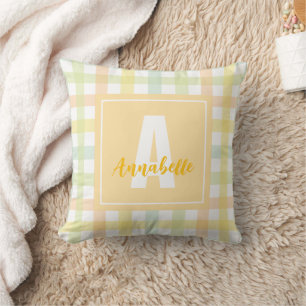  Modern Gingham Orange Green Yellow Blue Monogram Cushion