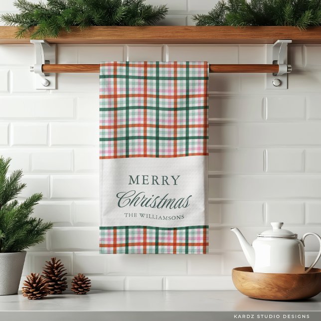 Modern Gingham Personalised Christmas  Tea Towel (Christmas Kitchen Towel shown in 3-fold. )