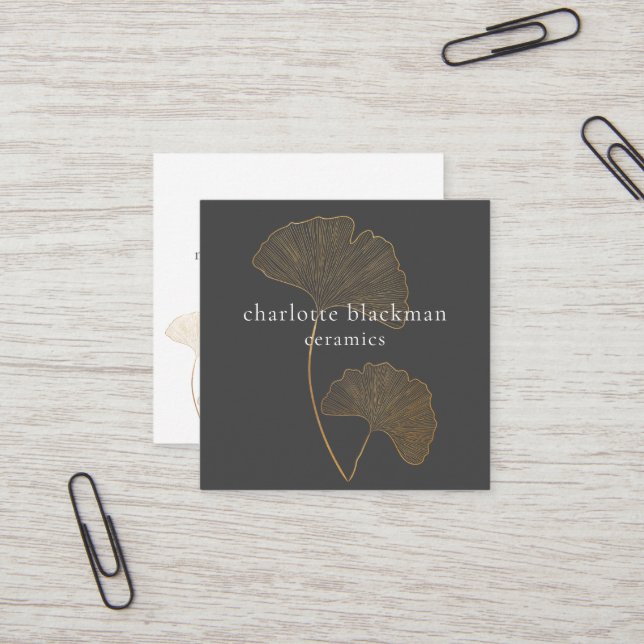 Modern Gingko Leaf QR Code Square Business Card (Front/Back In Situ)