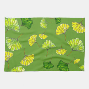 Modern Gingko Leaves Botanical Art on Lime Green Tea Towel