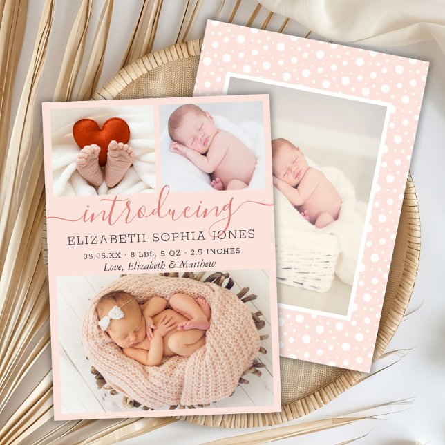Modern Girl Birth Announcement Photo Collage Card (Creator Uploaded)