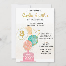 Modern Girl Gold Balloons Kids Birthday Party Invitation