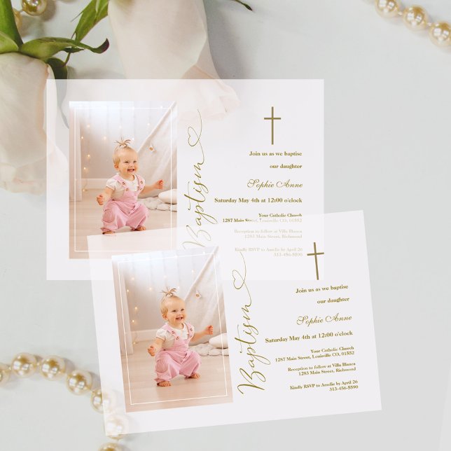 Modern Girl Photo Gold Calligraphy Baptism Vellum Invitations (Creator Uploaded)