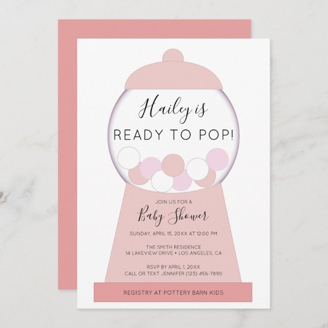 Modern Girl Pink Gumball Machine Baby Shower Invitation (Front/Back)