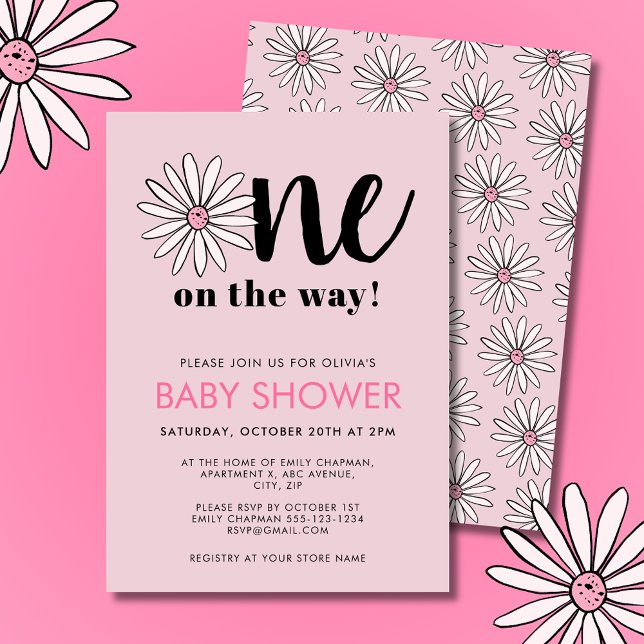 Modern Girls Baby Shower Daisy Floral Invitation (Modern pink girls baby shower invitations. Floral daisy One on the way design.)