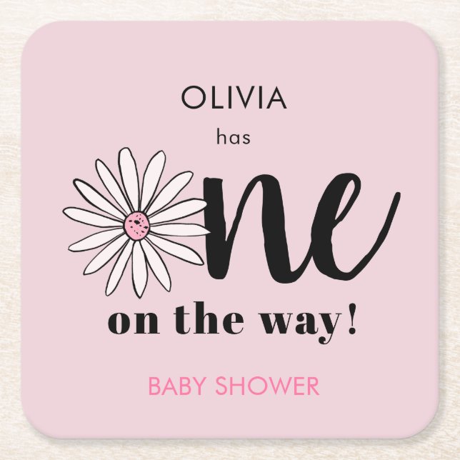 Modern Girls Baby Shower Daisy Floral Square Paper Coaster (Front)