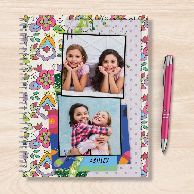 Modern Girly 2 Photo Fun Floral Personalised Name Notebook (Creator Uploaded)